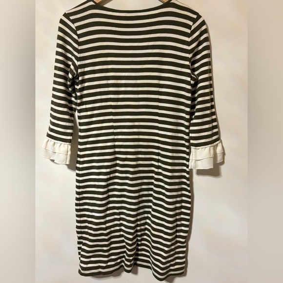 Talbots Olive Green & Ivory Striped Dress, Ruffled Sleeves xS - Picture 6 of 7